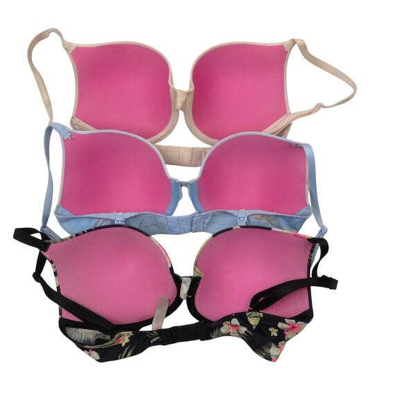 3 PINK Victoria's Secret Push Up Bras Hibiscus Blue Pink 32DD Wireless - Picture 2 of 8